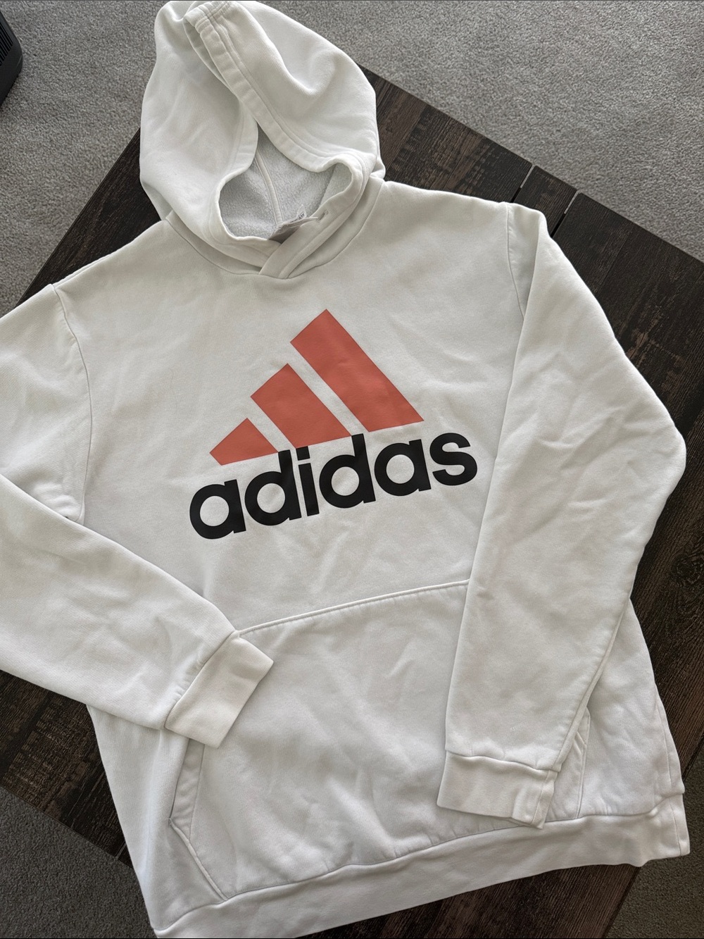 Adidas Men’s White Hoodie with Coral Logo Accent, size medium